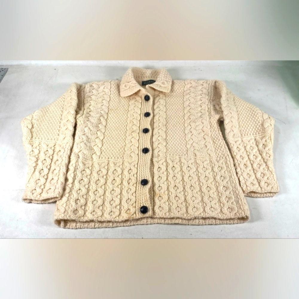 Blarney Woolen Mills Designer Cream Chunky Cable Knit Wool Cardigan Sweater S